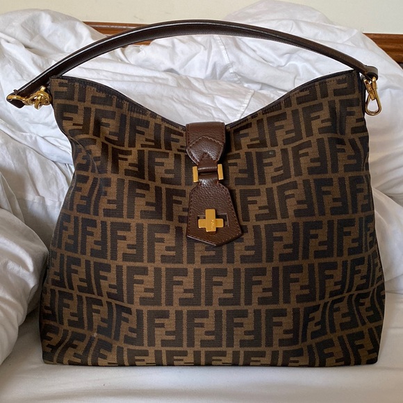 Fendi Handbags - Fendi Belted Handle Turnlock Zucca Tobacco Hobo